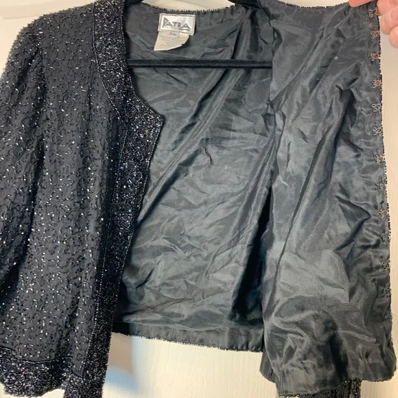 Vintage Patra Petite Black Beaded Silk Evening Jacket Cropped Size PM 80s 90s - Picture 10 of 16